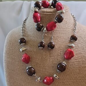 Red Dyed Howlite, Brown Wood, Silver Tone Necklace, Bracelet, Earring Set